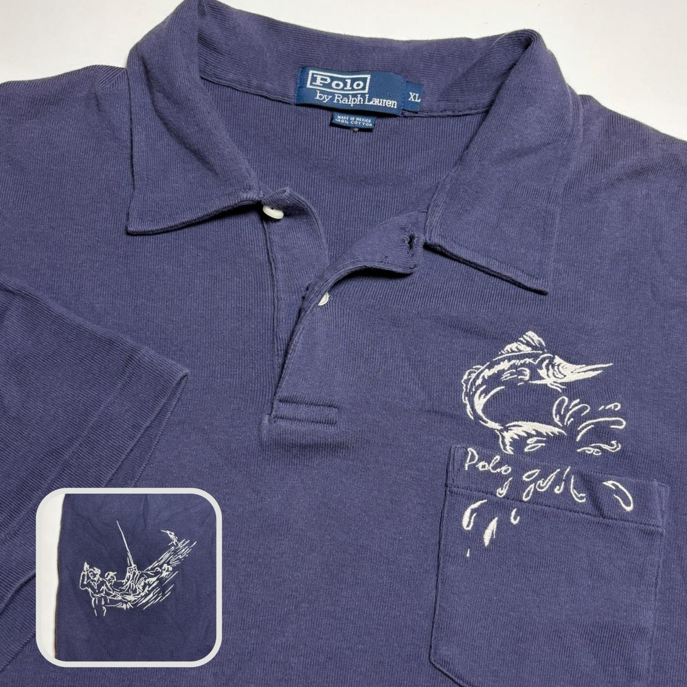 Polo Ralph Lauren Embroidered Marlin Fishing Pique Polo Mens Xl Navy Blue VTG